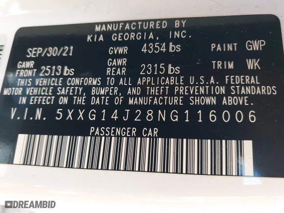 2022 Kia K5 LXS with VIN 5XXG14J28NG116006, listed as a IAAI auction lot 41623420 with 60,991 mi miles. Bid and sale history available at carsss.com. Image 9.