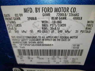 2009 Ford F-150 XL with VIN 1FTPW14V09KB58851, listed as a Copart auction lot 60174025 with 209,055 mi miles and Clean title. Bid and sale history available at DreamBid. Image 12.