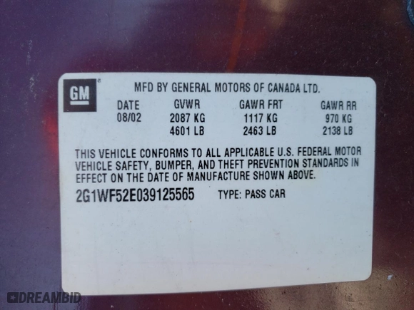 2003 Chevrolet Impala with VIN 2G1WF52E039125565, listed as a Copart auction lot 46087145 with 106,570 mi miles and Non Repairable. Bid and sale history available at carsss.com. Image 12.