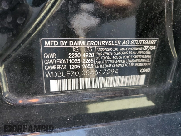 2005 Mercedes-Benz E 500 with VIN WDBUF70J05A647094, listed as a Copart auction lot 55955715 with 170,758 mi miles and Clean Title. Bid and sale history available at DreamBid. Image 13.