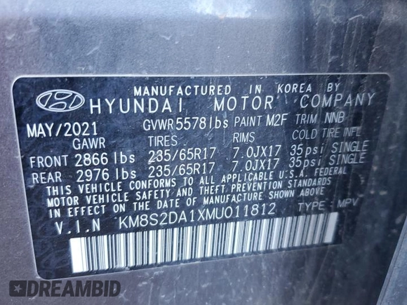 2021 Hyundai Santa Fe Hybrid Blue with VIN KM8S2DA1XMU011812, listed as a Copart auction lot 76833204 with 64,764 mi miles and Salvage Title. Bid and sale history available at carsss.com. Image 15.