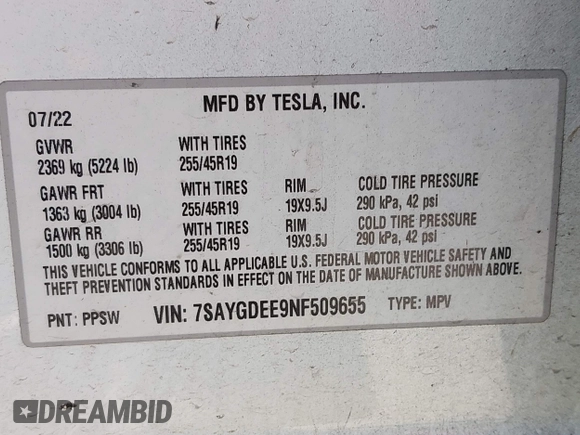 2022 Tesla Model Y Long Range z VIN 7SAYGDEE9NF509655, wystawiony jako IAAI lot #42433796 z przebiegiem 46 936 mil mil oraz . Historia ofert i sprzedaży dostępna na DreamBid. Obrazek 9.