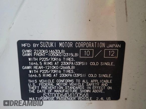 2013 Suzuki Grand Vitara Premium with VIN JS3TD0D64D4100568, listed as a Copart auction lot 63958985 with 140,668 mi miles and Salvage title. Bid and sale history available at DreamBid. Image 13.