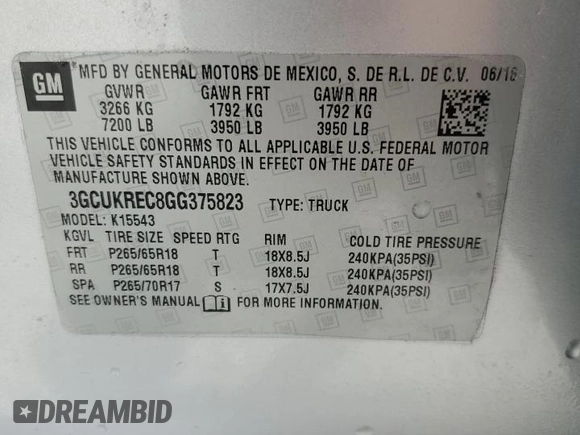 2016 Chevrolet Silverado 1500 LT with VIN 3GCUKREC8GG375823, listed as a Copart auction lot 55249625 with 113,232 mi miles and Salvage Title. Bid and sale history available at DreamBid. Image 13.