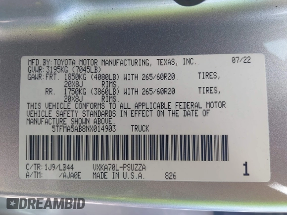 2022 Toyota Tundra 1794 Edition с VIN 5TFMA5AB8NX014903, выставлен на аукционе IAAI как лот 41830366 с пробегом 42 369 миль миль и . История ставок и продаж доступна на DreamBid. Изображение 9.