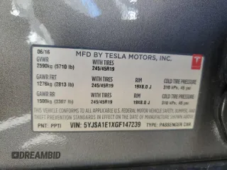 2016 Tesla Model S 70 with VIN 5YJSA1E1XGF147239, listed as a Copart auction lot 56529075 with 82,562 mi miles and Salvage title. Bid and sale history available at DreamBid. Image 12.