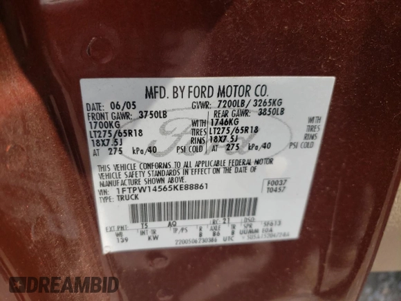 2005 Ford F-150 XLT with VIN 1FTPW14565KE88861, listed as a Copart auction lot 65607655 with 79,339 mi miles and Salvage title. Bid and sale history available at DreamBid. Image 12.