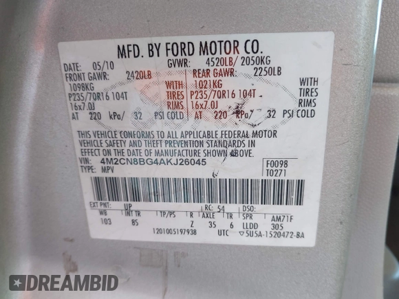 2010 Mercury Mariner с VIN 4M2CN8BG4AKJ26045, выставлен на аукционе IAAI как лот 42143459 с пробегом 203 232 миль миль и . История ставок и продаж доступна на DreamBid. Изображение 9.