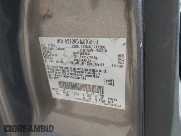 2005 Ford Escape Hybrid with VIN 1FMCU95H55KC07544, listed as a IAAI auction lot 42104756 with 250,109 mi miles and . Bid and sale history available at DreamBid. Image 9.