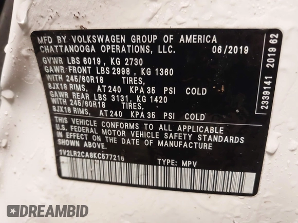 2019 Volkswagen Atlas SE with VIN 1V2LR2CA8KC577216, listed as a IAAI auction lot 41156460 with 68,382 mi miles and . Bid and sale history available at DreamBid. Image 9.