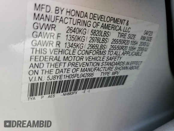 2023 Acura MDX w/A-Spec Package with VIN 5J8YE1H05PL042995, listed as a Copart auction lot 55276985 with 45,893 mi miles and Salvage title. Bid and sale history available at DreamBid. Image 13.