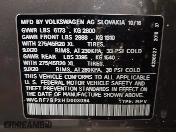 2017 Volkswagen Touareg Wolfsburg Edition с VIN WVGRF7BP3HD003094, выставлен на аукционе IAAI как лот 41199373 с пробегом 110 880 миль миль и . История ставок и продаж доступна на DreamBid. Изображение 9.