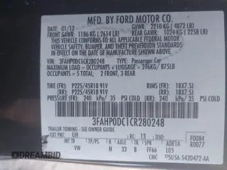 2012 Ford Fusion SPORT with VIN 3FAHP0DC1CR280248, listed as a IAAI auction lot 41254985 with 113,809 mi miles. Bid and sale history available at carsss.com. Image 9.