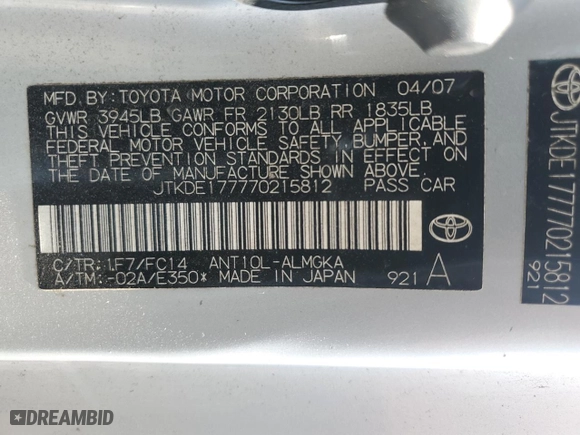 2007 Scion tC Spec with VIN JTKDE177770215812, listed as a Copart auction lot 46915765 with 196,534 mi miles and Salvage Title. Bid and sale history available at carsss.com. Image 13.