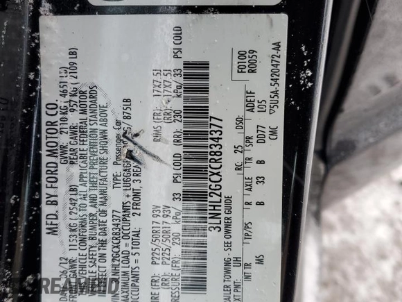 2012 Lincoln MKZ with VIN 3LNHL2GCXCR834377, listed as a Copart auction lot 45908595 with 90,218 mi miles and Salvage Title. Bid and sale history available at carsss.com. Image 12.