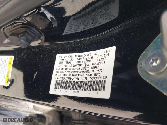 2014 Honda Accord Sedan Sport with VIN 1HGCR2F59EA248199, listed as a IAAI auction lot 41789394 with 93,837 mi miles. Bid and sale history available at carsss.com. Image 9.
