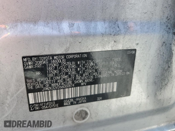 2006 Toyota RAV4 Sport with VIN JTMZK32V266000874, listed as a Copart auction lot 62214115 with 225,100 mi miles and Salvage title. Bid and sale history available at DreamBid. Image 13.