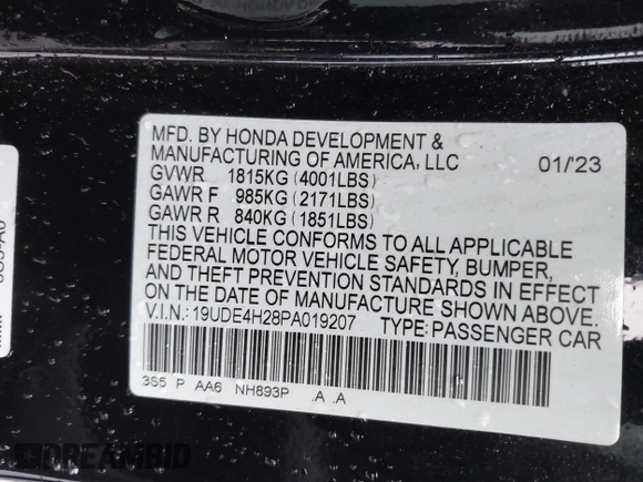 2023 Acura Integra with VIN 19UDE4H28PA019207, listed as a IAAI auction lot 42016165 with 31,553 mi miles and . Bid and sale history available at DreamBid. Image 9.