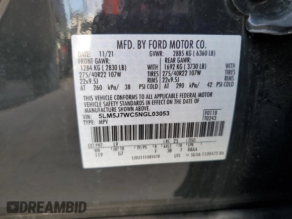2022 Lincoln Aviator Reserve z VIN 5LM5J7WC5NGL03053, wystawiony jako Copart lot #75291784 z przebiegiem 47 796 mil mil oraz Nie do naprawy • Non repairable. Historia ofert i sprzedaży dostępna na DreamBid. Obrazek 14.