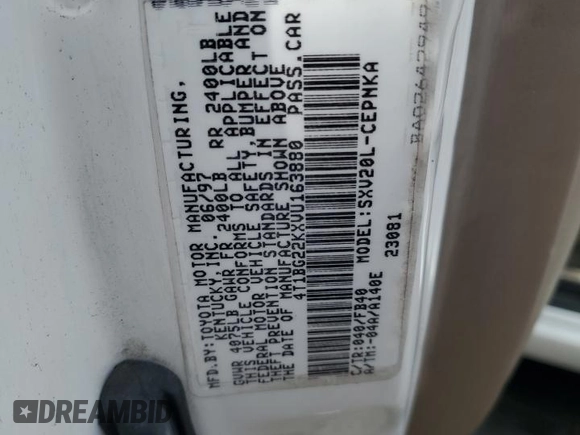 1997 Toyota Camry LE z VIN 4T1BG22KXVU163880, wystawiony jako Copart lot #56741295 z przebiegiem 132 863 mil mil oraz Szkoda całkowita • Salvage title. Historia ofert i sprzedaży dostępna na DreamBid. Obrazek 12.