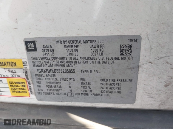 2015 Chevrolet Traverse LT with VIN 1GNKRHKD8FJ205055, listed as a IAAI auction lot 41825877 with 187,654 mi miles and . Bid and sale history available at DreamBid. Image 9.