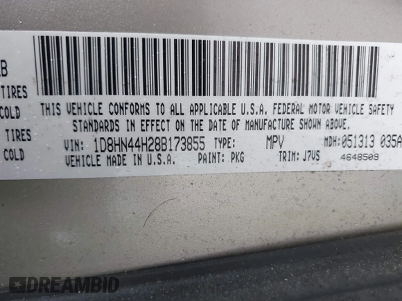 2008 Dodge Grand Caravan SE with VIN 1D8HN44H28B173855, listed as a IAAI auction lot 41968151 with 127,183 mi miles and . Bid and sale history available at DreamBid. Image 9.