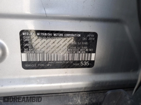 2019 Mitsubishi Eclipse Cross ES z VIN JA4AT3AAXKZ034170, wystawiony jako Copart lot #55047155 z przebiegiem Nie podano mil oraz Szkoda całkowita • Salvage title. Historia ofert i sprzedaży dostępna na DreamBid. Obrazek 12.