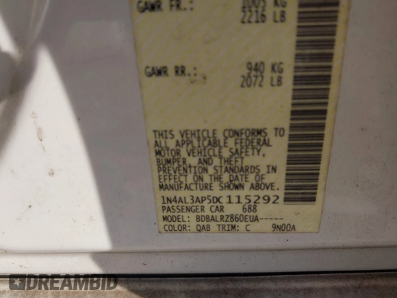 2013 Nissan Altima S with VIN 1N4AL3AP5DC115292, listed as a IAAI auction lot 42166249 with Not Provided miles and . Bid and sale history available at DreamBid. Image 9.