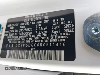 2024 Kia Telluride SX Prestige X-Pro with VIN 5XYP5DGC0RG511416, listed as a IAAI auction lot 41927458 with 7,206 mi miles and . Bid and sale history available at DreamBid. Image 9.