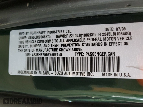 2000 Subaru Legacy Outback z VIN 4S3BH6755Y7606158, wystawiony jako Copart lot #58448905 z przebiegiem 196 428 mil mil oraz Szkoda całkowita • Salvage title. Historia ofert i sprzedaży dostępna na DreamBid. Obrazek 12.