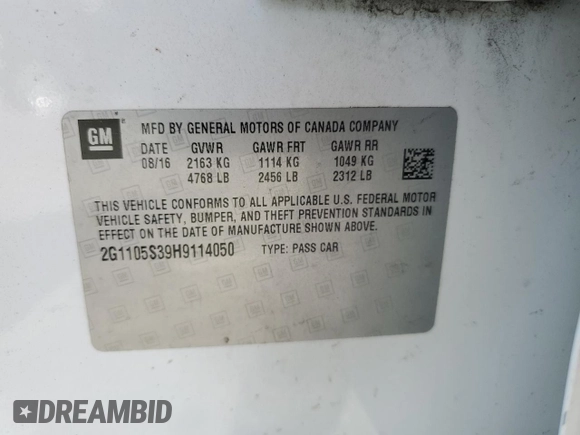 2017 Chevrolet Impala LT with VIN 2G1105S39H9114050, listed as a Copart auction lot 51503125 with 89,227 mi miles and Salvage Title. Bid and sale history available at DreamBid. Image 14.