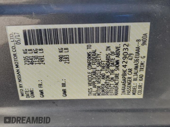 2017 Nissan Maxima SV with VIN 1N4AA6AP8HC429032, listed as a Copart auction lot 46341095 with 0 mi miles and Salvage Title. Bid and sale history available at carsss.com. Image 12.