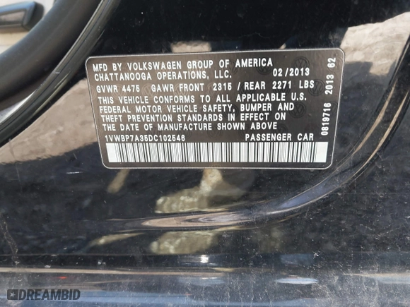 2013 Volkswagen Passat SE with VIN 1VWBP7A35DC102546, listed as a IAAI auction lot 41822612 with 127,334 mi miles. Bid and sale history available at carsss.com. Image 9.