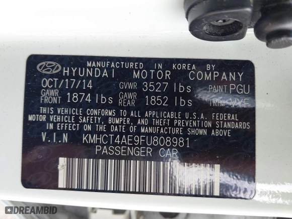 2015 Hyundai Accent GLS with VIN KMHCT4AE9FU808981, listed as a IAAI auction lot 41930246 with 160,406 mi miles. Bid and sale history available at carsss.com. Image 9.