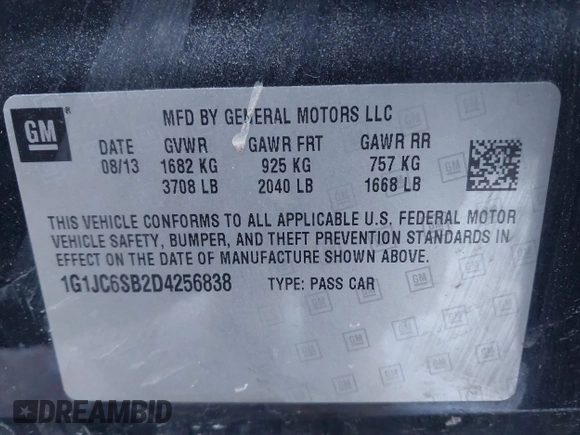 2013 Chevrolet Sonic LT with VIN 1G1JC6SB2D4256838, listed as a IAAI auction lot 41443769 with 98,839 mi miles. Bid and sale history available at carsss.com. Image 9.