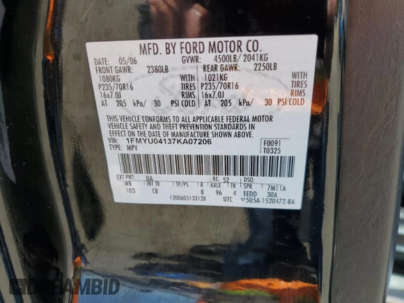 2007 Ford Escape Limited z VIN 1FMYU04137KA07206, wystawiony jako Copart lot #62421035 z przebiegiem 200 117 mil mil oraz Szkoda całkowita • Salvage title. Historia ofert i sprzedaży dostępna na DreamBid. Obrazek 15.