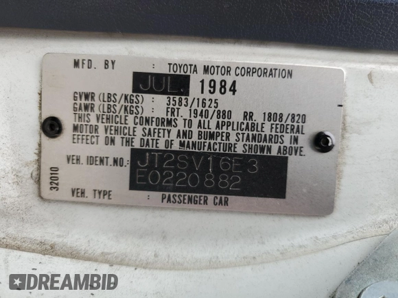 1984 Toyota Camry z VIN JT2SV16E3E0220882, wystawiony jako Copart lot #53514345 z przebiegiem 112 430 mil mil oraz Czysty tytuł • Clean title. Historia ofert i sprzedaży dostępna na DreamBid. Obrazek 12.