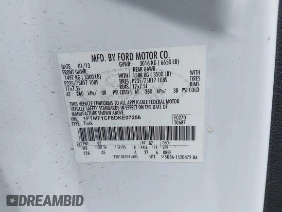 2013 Ford F-150 XL with VIN 1FTMF1CF8DKE07256, listed as a IAAI auction lot 42530651 with Not provided miles and . Bid and sale history available at DreamBid. Image 9.