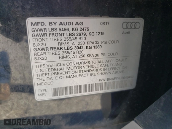 2018 Audi Q5 Premium Plus with VIN WA1BNAFY4J2048453, listed as a Copart auction lot 68726952 with 0 mi miles. Bid and sale history available at carsss.com. Image 12.