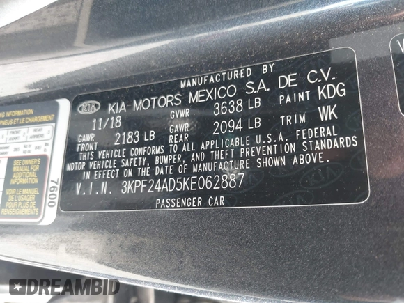 2019 Kia Forte LXS with VIN 3KPF24AD5KE062887, listed as a IAAI auction lot 41627225 with 118,119 mi miles. Bid and sale history available at carsss.com. Image 9.