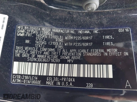 2016 Toyota Sienna XLE with VIN 5TDYK3DC8GS718289, listed as a IAAI auction lot 41774375 with 154,067 mi miles. Bid and sale history available at carsss.com. Image 9.