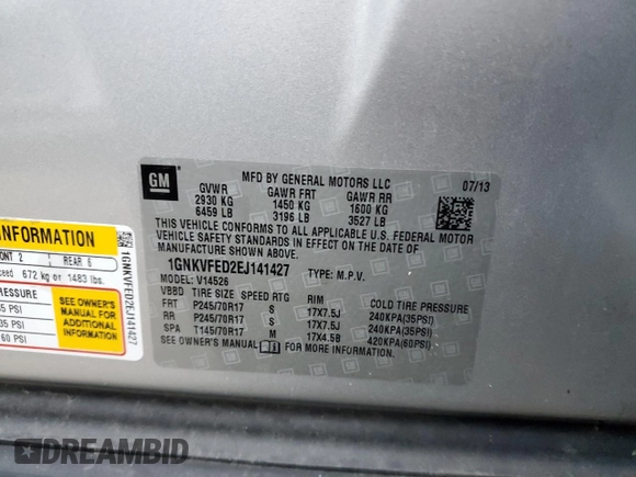 2014 Chevrolet Traverse LS z VIN 1GNKVFED2EJ141427, wystawiony jako Copart lot #83452714 z przebiegiem 132 687 mil mil oraz Szkoda całkowita • Salvage title. Historia ofert i sprzedaży dostępna na DreamBid. Obrazek 13.
