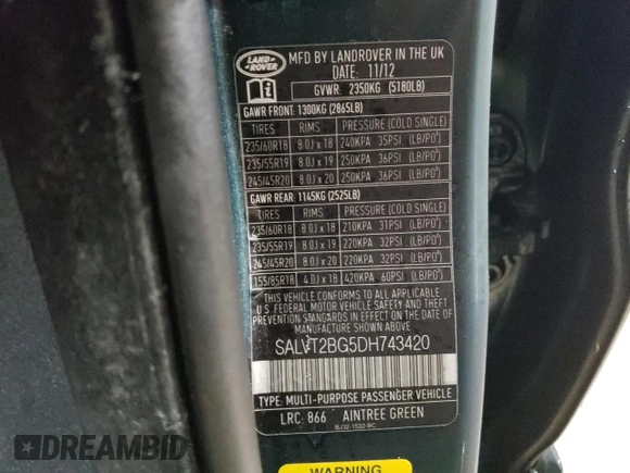 2013 Land Rover Range Rover Evoque Dynamic Premium with VIN SALVT2BG5DH743420, listed as a Copart auction lot 45893725 with 28,349 mi miles and Salvage title. Bid and sale history available at DreamBid. Image 13.