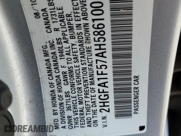 2010 Honda Civic LX with VIN 2HGFA1F57AH586100, listed as a Copart auction lot 50066965 with 192,401 mi miles and Salvage Title. Bid and sale history available at DreamBid. Image 12.