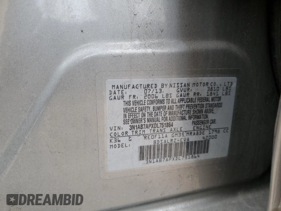 2013 Nissan Sentra SR z VIN 3N1AB7APXDL751864, wystawiony jako Copart lot #55168285 z przebiegiem 72 401 mil mil oraz Szkoda całkowita • Salvage title. Historia ofert i sprzedaży dostępna na DreamBid. Obrazek 13.