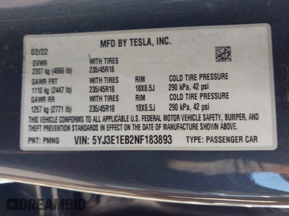 2022 Tesla Model 3 Long Range z VIN 5YJ3E1EB2NF183893, wystawiony jako IAAI lot #42130396 z przebiegiem 25 552 mil mil oraz . Historia ofert i sprzedaży dostępna na DreamBid. Obrazek 9.