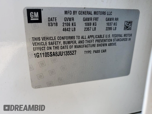 2018 Chevrolet Impala LT with VIN 1G1105SA8JU135527, listed as a Copart auction lot 54045715 with 214,599 mi miles and Clean Title. Bid and sale history available at DreamBid. Image 12.