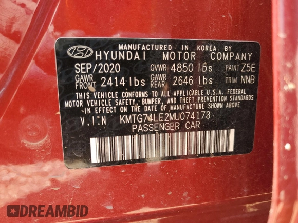 2021 Genesis G70 3.3T with VIN KMTG74LE2MU074173, listed as a Copart auction lot 58236675 with 65,665 mi miles and Salvage title. Bid and sale history available at DreamBid. Image 12.