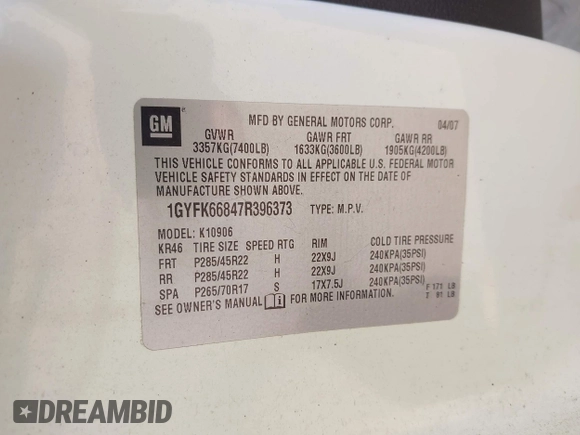 2007 Cadillac Escalade ESV with VIN 1GYFK66847R396373, listed as a IAAI auction lot 42451362 with 146,008 mi miles and . Bid and sale history available at DreamBid. Image 9.