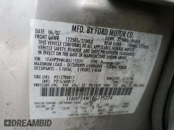 2008 Ford Taurus SEL with VIN 1FAHP24W18G115224, listed as a Copart auction lot 83876254 with 233,418 mi miles and Salvage Title. Bid and sale history available at carsss.com. Image 12.
